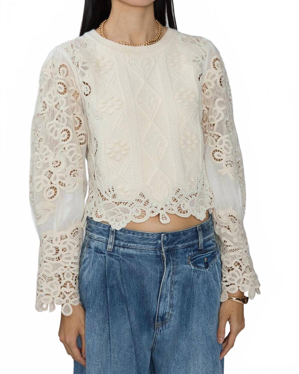 NEW SEA vania lace combo sleeve sweater in cream